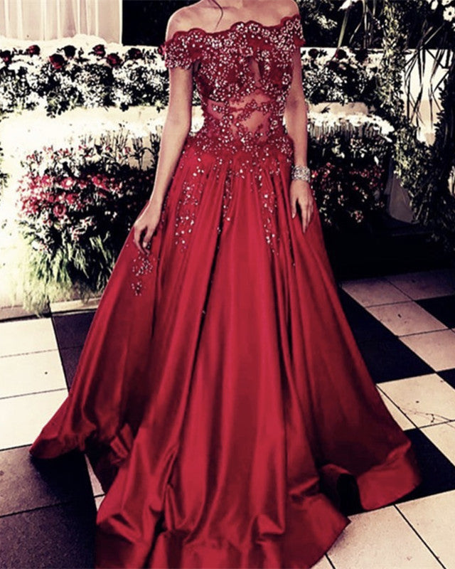Glamour Lace Beaded Prom Dresses Satin Off The Shoulder Glamour Lace Beaded Prom Dresses Satin Off The Shoulder