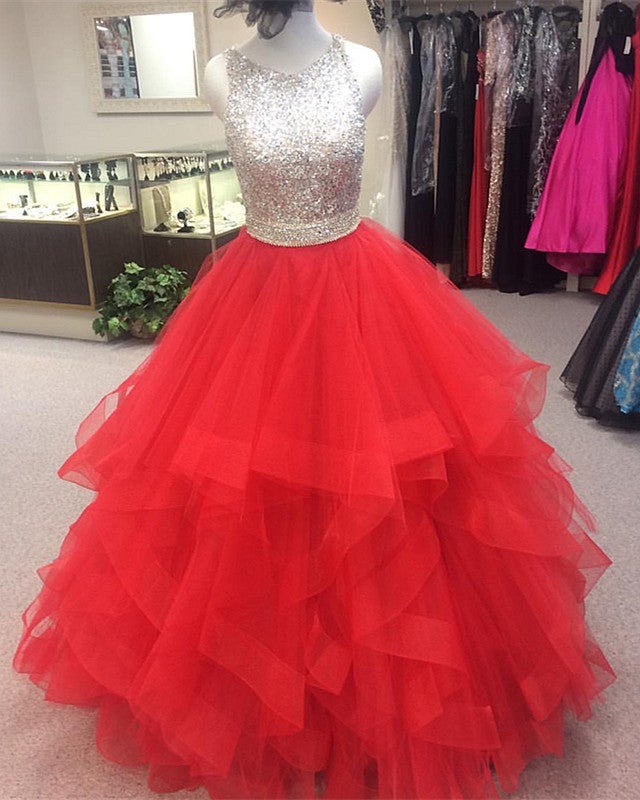 red organza prom dress Red Beading Organza Ruffles Ball Gown Strapless Prom Gowns, CP0994