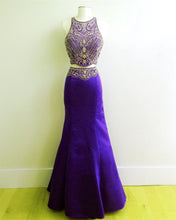 Load image into Gallery viewer, Red Satin Beaded Two Piece Mermaid Formal Gown