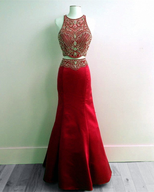 Red Satin Beaded Two Piece Mermaid Formal Gown Red Satin Beaded Two Piece Mermaid Formal Gown