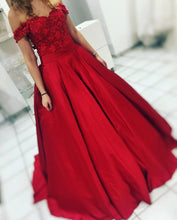 Load image into Gallery viewer, Red Satin Floor Length Ball Gown Evening Dresses Off The Shoulder
