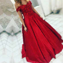 Load image into Gallery viewer, Red Satin Floor Length Ball Gown Evening Dresses Off The Shoulder-alinanova