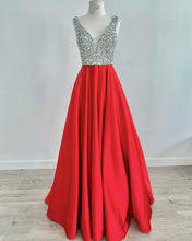 Load image into Gallery viewer, Beaded V Neck Long Satin Violet Prom Dresses