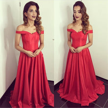Load image into Gallery viewer, Red Satin Off The Shoulder Bridesmaid Dresses For Wedding Party