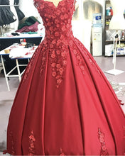 Load image into Gallery viewer, Red Satin V-neck Wedding Dress Ball Gowns With 3D Lace Flowers
