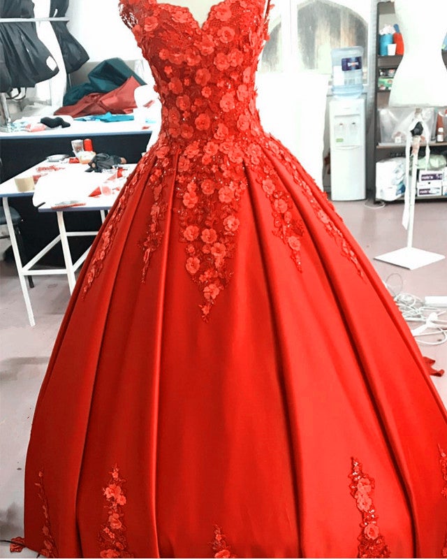 3D Lace Flowers V-neck Satin Ball Gowns Wedding Dresses Red alinanova 3D Lace Flowers V-neck Satin Ball Gowns Wedding Dresses Red alinanova