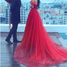 Load image into Gallery viewer, Red Tulle Off The Shoulder Long Prom Evening Dresses Pearl Beaded-alinanova