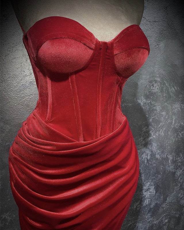 Red Velvet Split Corset Prom Dresses Red Velvet Split Corset Prom Dresses