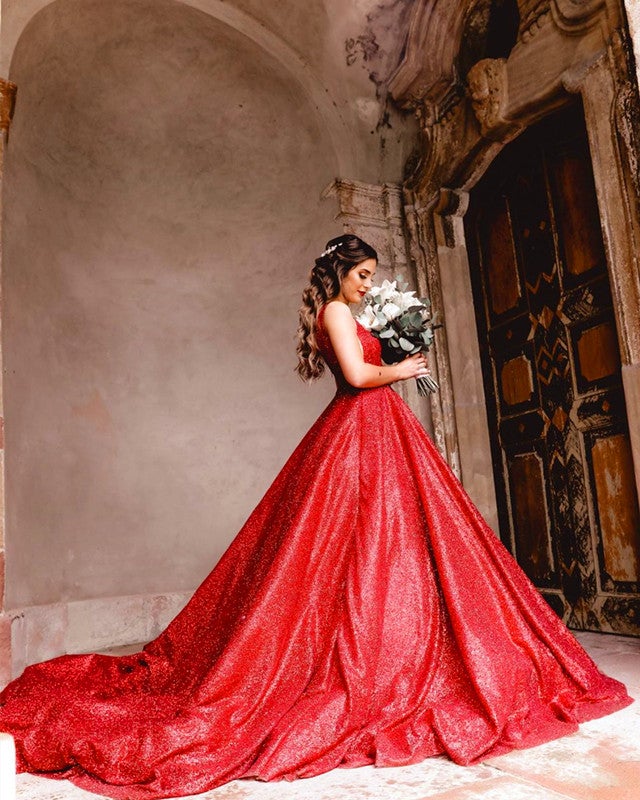 Red Wedding Dresses Sequin V Neck Ball Gowns Red Wedding Dresses Sequin V Neck Ball Gowns