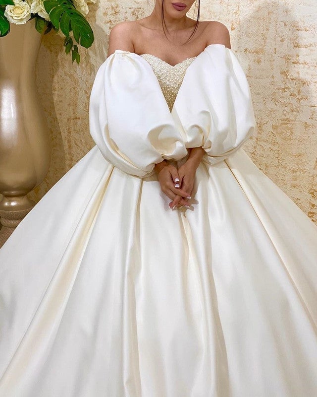 Removable Sleeves Wedding Dress Ball Gown Sweetheart Pearl Beaded