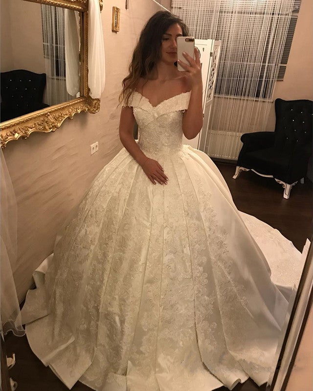 V-Neck Lace Satin Ball-Gown Wedding Dresses main image 1