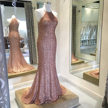 Load image into Gallery viewer, Rose Gold Sequins Halter Bridesmaid Dresses Long Mermaid Gowns-alinanova