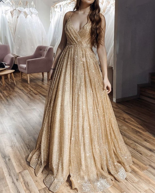 Rose Gold Sparkly Formal Dresses V-neck Spaghetti Straps alinanova Rose Gold Sparkly Formal Dresses V-neck Spaghetti Straps alinanova