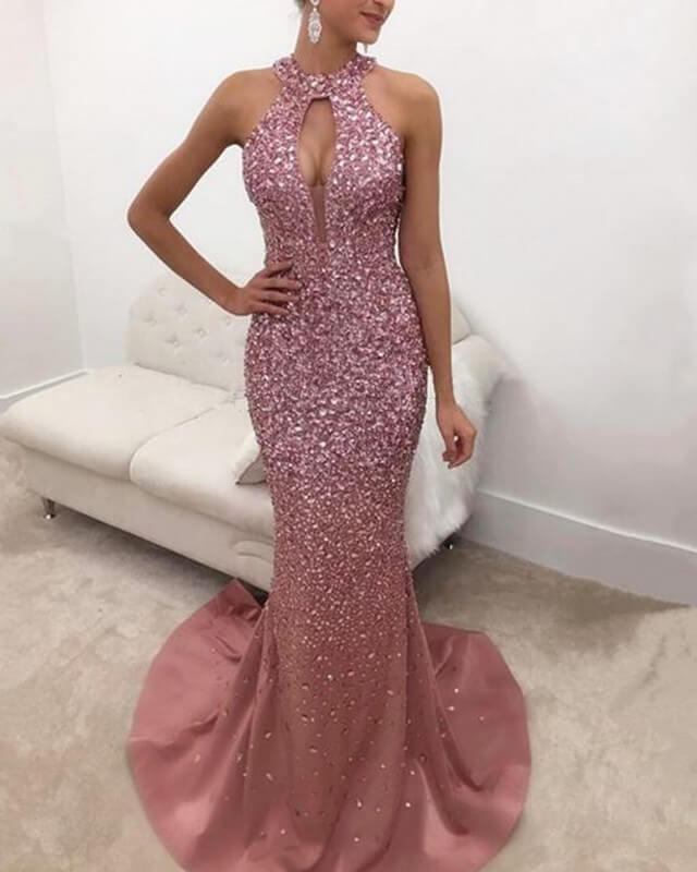 fitted lace wedding dress Beautiful Dusty Rose Off-The-Shoulder Glitter Mermaid Prom Dress with Slit main image 1