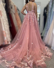 Load image into Gallery viewer, Rose Pink Tulle Prom Dresses Appliques
