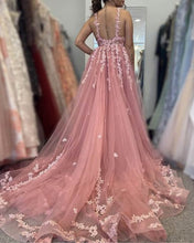 Load image into Gallery viewer, Rose Pink Tulle Prom Dresses Appliques