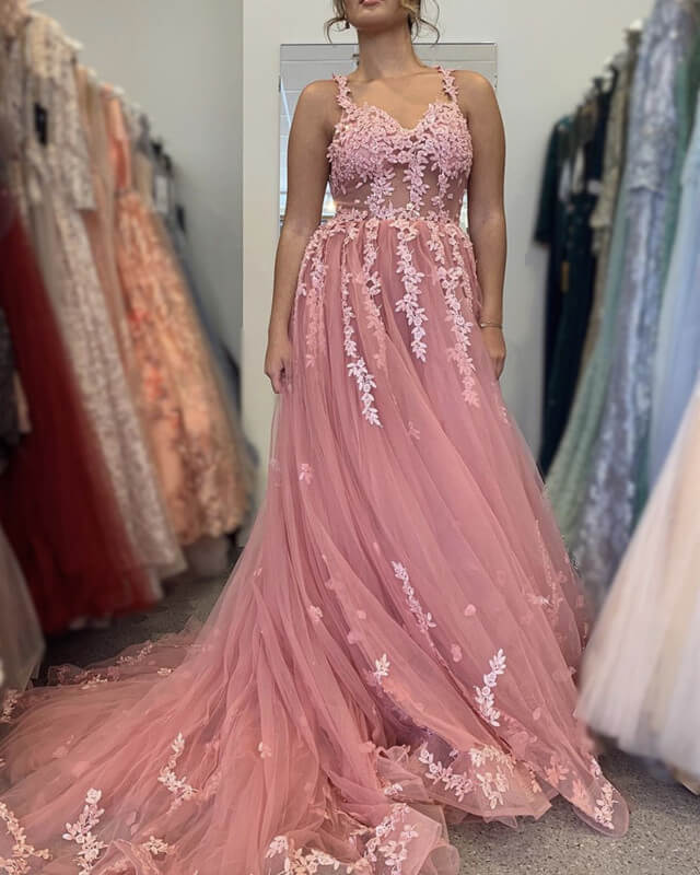 Rose Pink Tulle Prom Dresses Appliques Rose Pink Tulle Prom Dresses Appliques