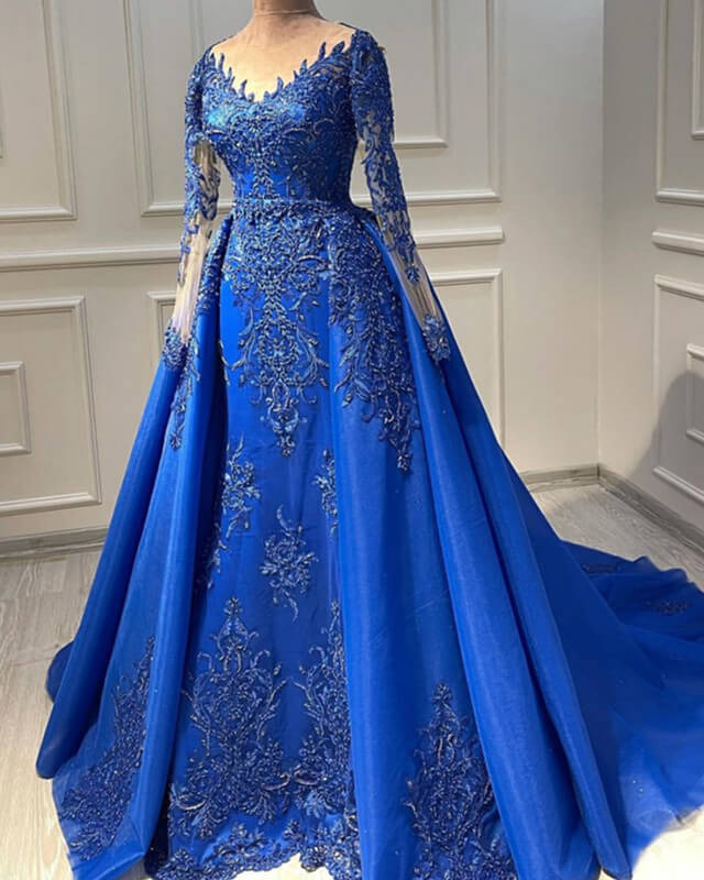 shapes of dresses Royal Blue Mermaid Long Sleeve Prom Dresses Appliques – alinanova