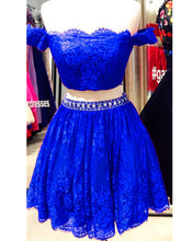 Load image into Gallery viewer, Royal Blue Lace Two Piece Homecoming Dresses 2019