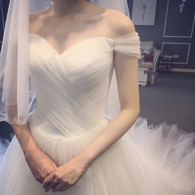 off shoulder ruched wedding dress Ruched Sweetheart Off The Shoulder Tulle Ball Gown Wedding Dresses