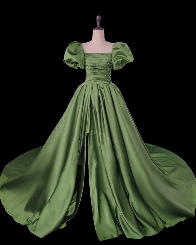 Sage Green Ball Gown Prom Dresses Puffy Sleeve Leg Split Sage Green Ball Gown Prom Dresses Puffy Sleeve Leg Split