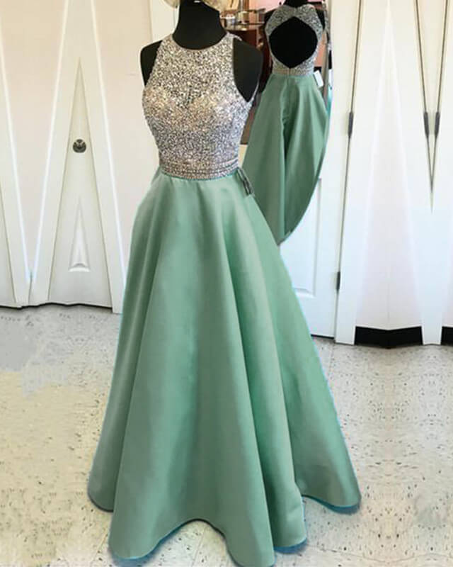 Jewelry Neck Sage Green Satin Prom Dresses Open Back Jewelry Neck Sage Green Satin Prom Dresses Open Back