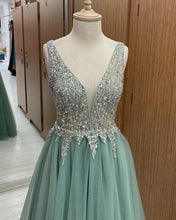 Load image into Gallery viewer, Sage Green Tulle V Neck Beaded Dresses
