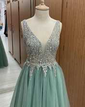 Load image into Gallery viewer, Sage Green Tulle V Neck Beaded Dresses
