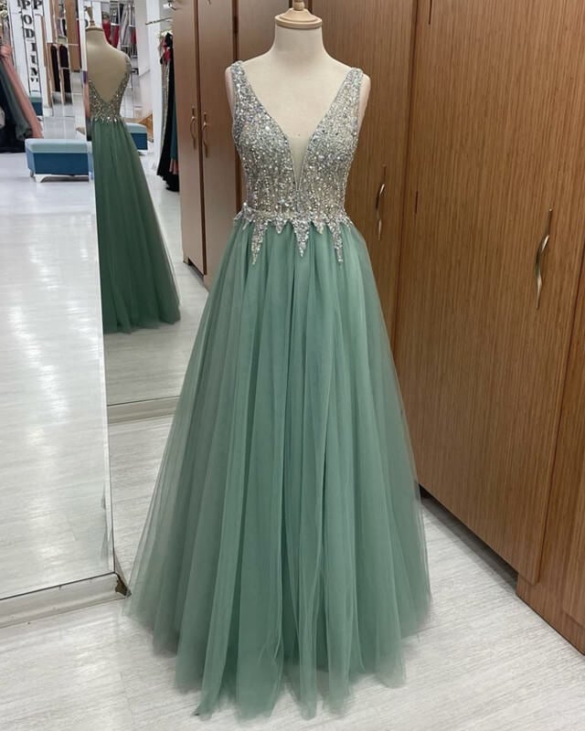 Sage Green Tulle V Neck Beaded Dresses Sage Green Tulle V Neck Beaded Dresses
