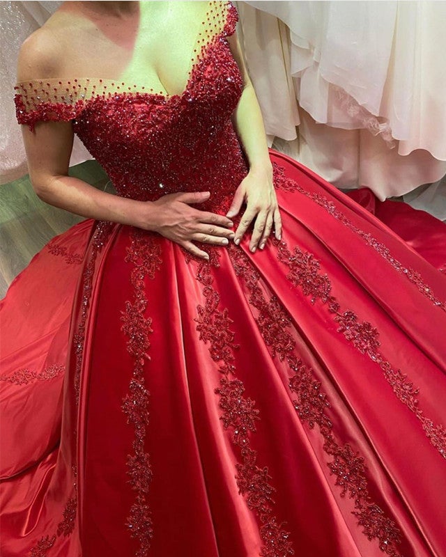 Satin Appliques Ball Gown Dresses Beaded Off The Shoulder Satin Appliques Ball Gown Dresses Beaded Off The Shoulder