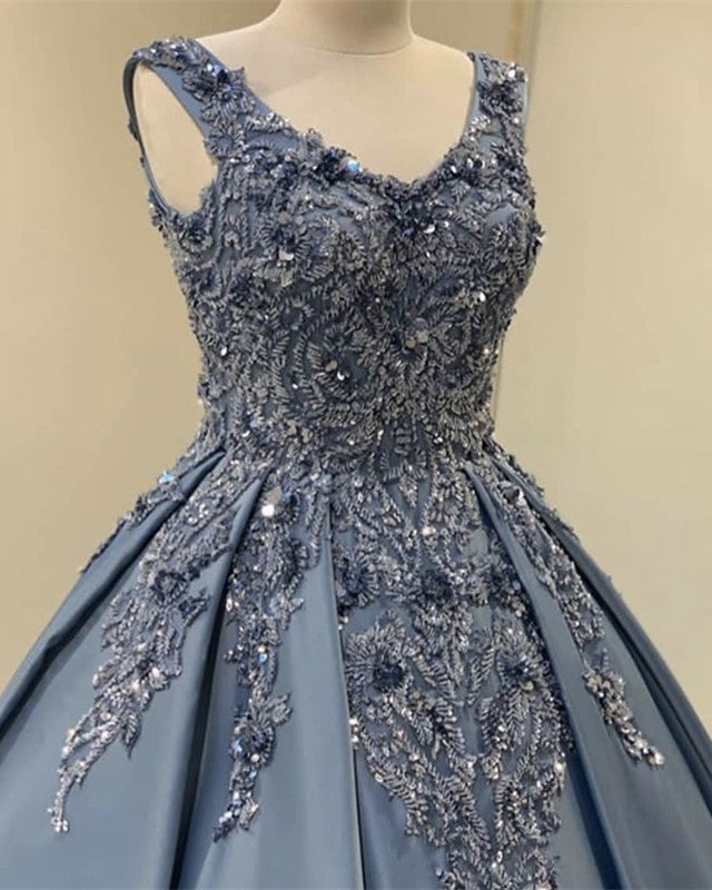 Satin Ball Gown V Neck Lace Embroidery Beaded Satin Ball Gown V Neck Lace Embroidery Beaded