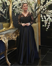 Load image into Gallery viewer, Black Satin Prom Dress Lace Long Sleeves