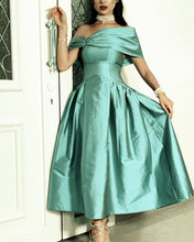 Load image into Gallery viewer, Satin Midi Off The Shoulder Bridesmaid Dresses-alinanova