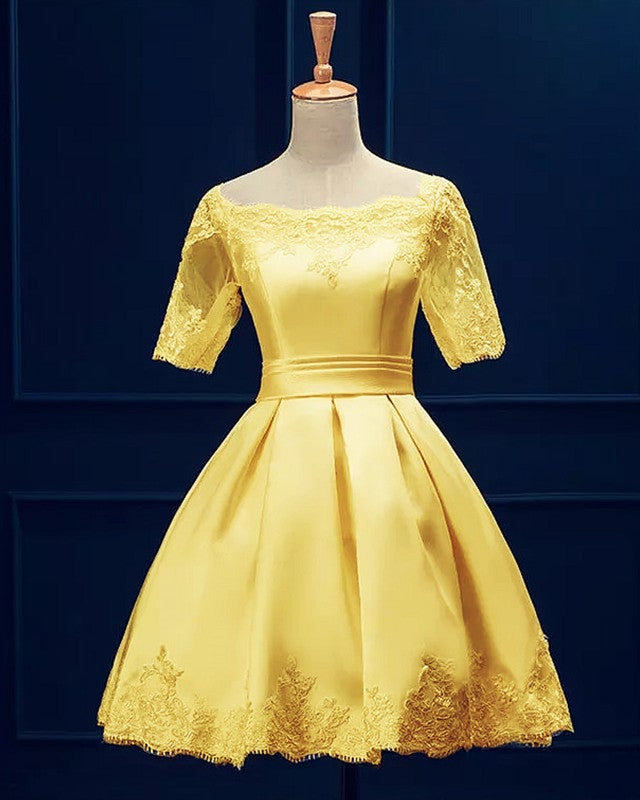 gold lace dress short Satin Off Shoulder Homecoming Dresses Lace Appliques