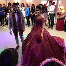 Load image into Gallery viewer, Satin Off The Shoulder Wedding Dresses Ball Gowns With Lace Flowers