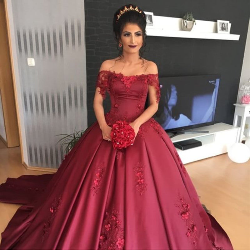 Satin Off The Shoulder Wedding Dresses Ball Gowns with Lace Flowers