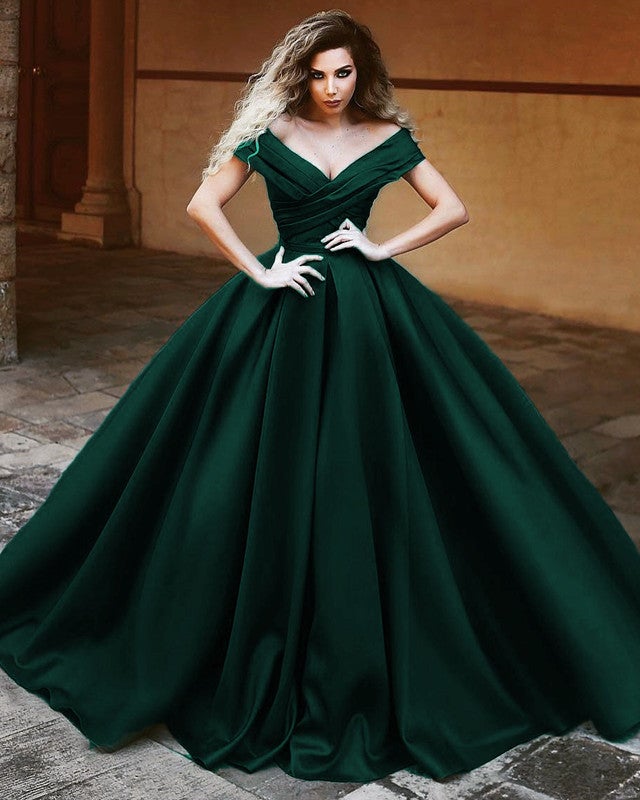 Satin Prom Dresses Ball Gowns V-neck Off The Shoulder alinanova Satin Prom Dresses Ball Gowns V-neck Off The Shoulder alinanova