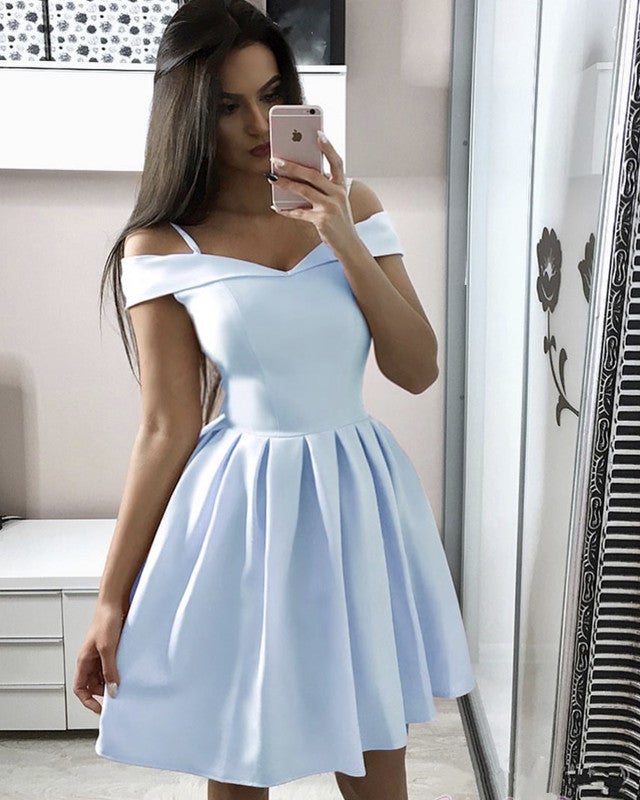 Short Satin Off Shoulder Homecoming Dresses With Straps alinanova Short Satin Off Shoulder Homecoming Dresses With Straps alinanova