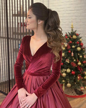 Load image into Gallery viewer, Burgundy Satin Ball Gown Dresses Velvet Long Sleeves