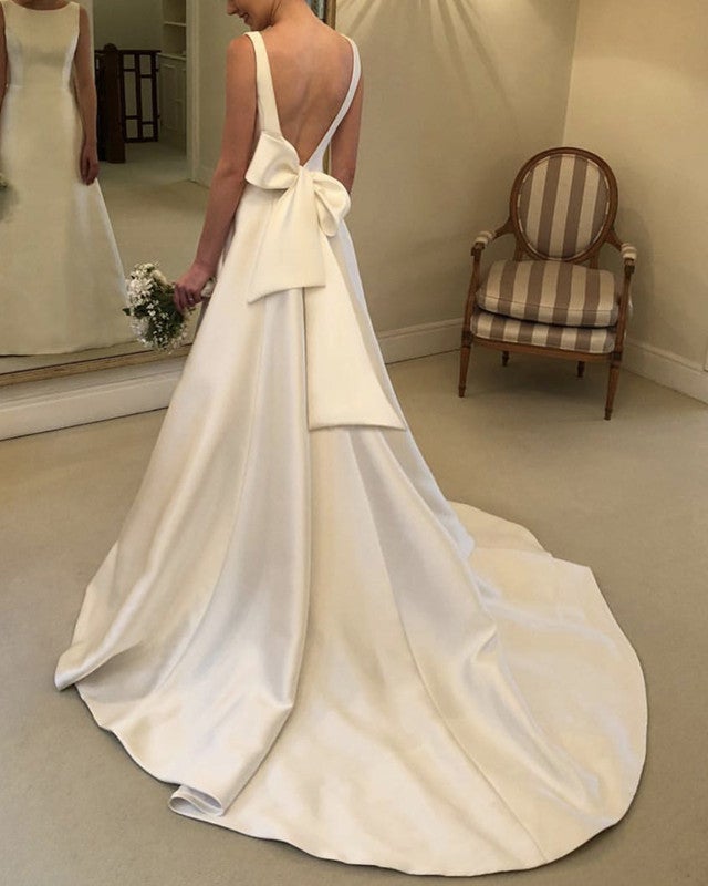 bow wedding dress back Satin Wedding Dress Sweep Train Bow Back