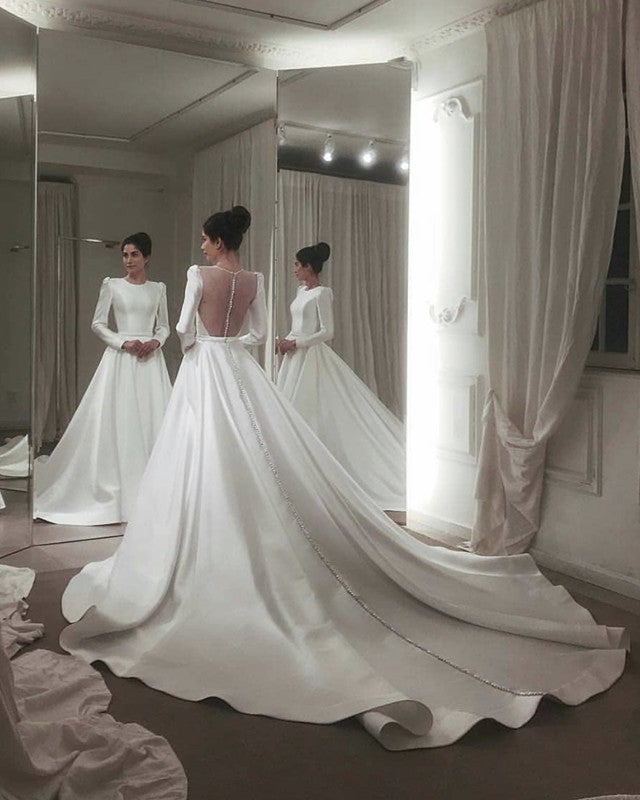 chinese dress ladies See Through Back Wedding Dress Satin Ball Gown Long Sleeves