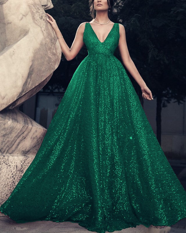 sparkle green dress Sequin V Neck Ball Gown Dresses