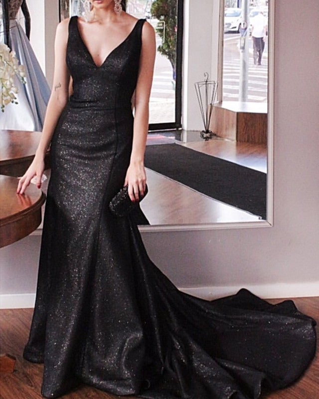 Sequin V Neck Open Back Prom Dresses Mermaid