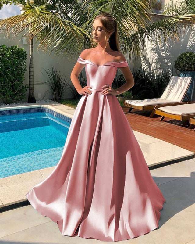 Long A Line Satin Off Shoulder Dress Long A Line Satin Off Shoulder Dress