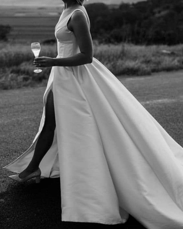 Sexy A Line Satin Wedding Dress With Slit Sexy A Line Satin Wedding Dress With Slit