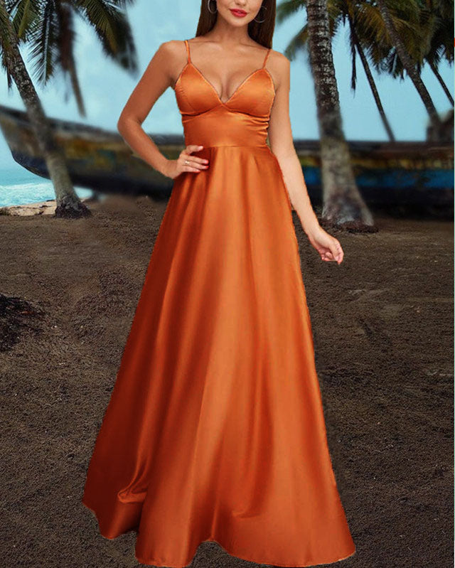 Sexy Long Satin V Neck Empire Dresses Spaghetti Straps Sexy Long Satin V Neck Empire Dresses Spaghetti Straps