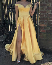 Load image into Gallery viewer, Sexy Leg Slit Off Shoulder Long Satin Yellow Prom Dresses
