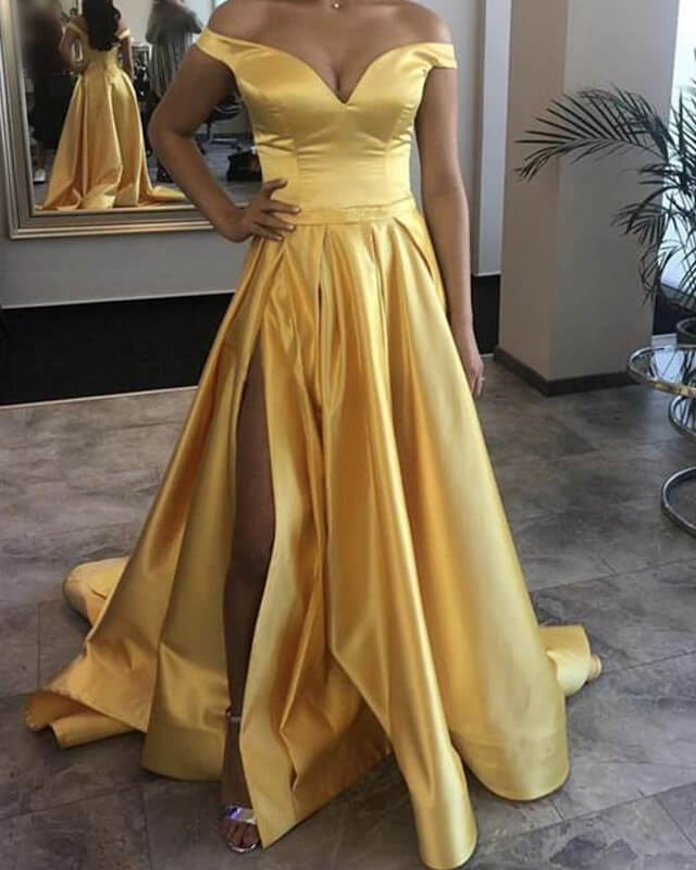 Yellow Prom Dresses Off Shoulder Satin Evening Gowns Leg Slit alinanova Yellow Prom Dresses Off Shoulder Satin Evening Gowns Leg Slit alinanova