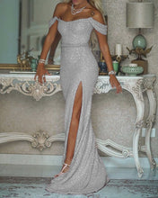 Load image into Gallery viewer, Sexy Leg Slit Off Shoulder Sequins Mermaid Prom Dresses