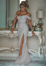 Load image into Gallery viewer, Sexy Leg Slit Off Shoulder Sequins Mermaid Prom Dresses